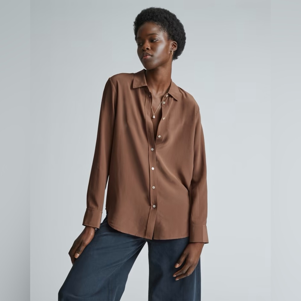 Everlane Like New The Clean 100% Silk Relaxed Button Down Shirt Cacao Brown Like